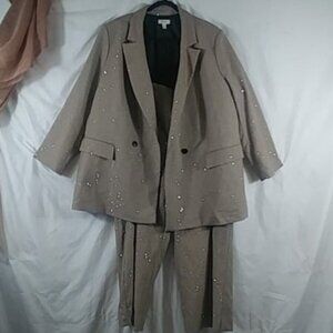 ON 34th pantsuit women's tan houndstooth pleated long sleeve sequin size 22w